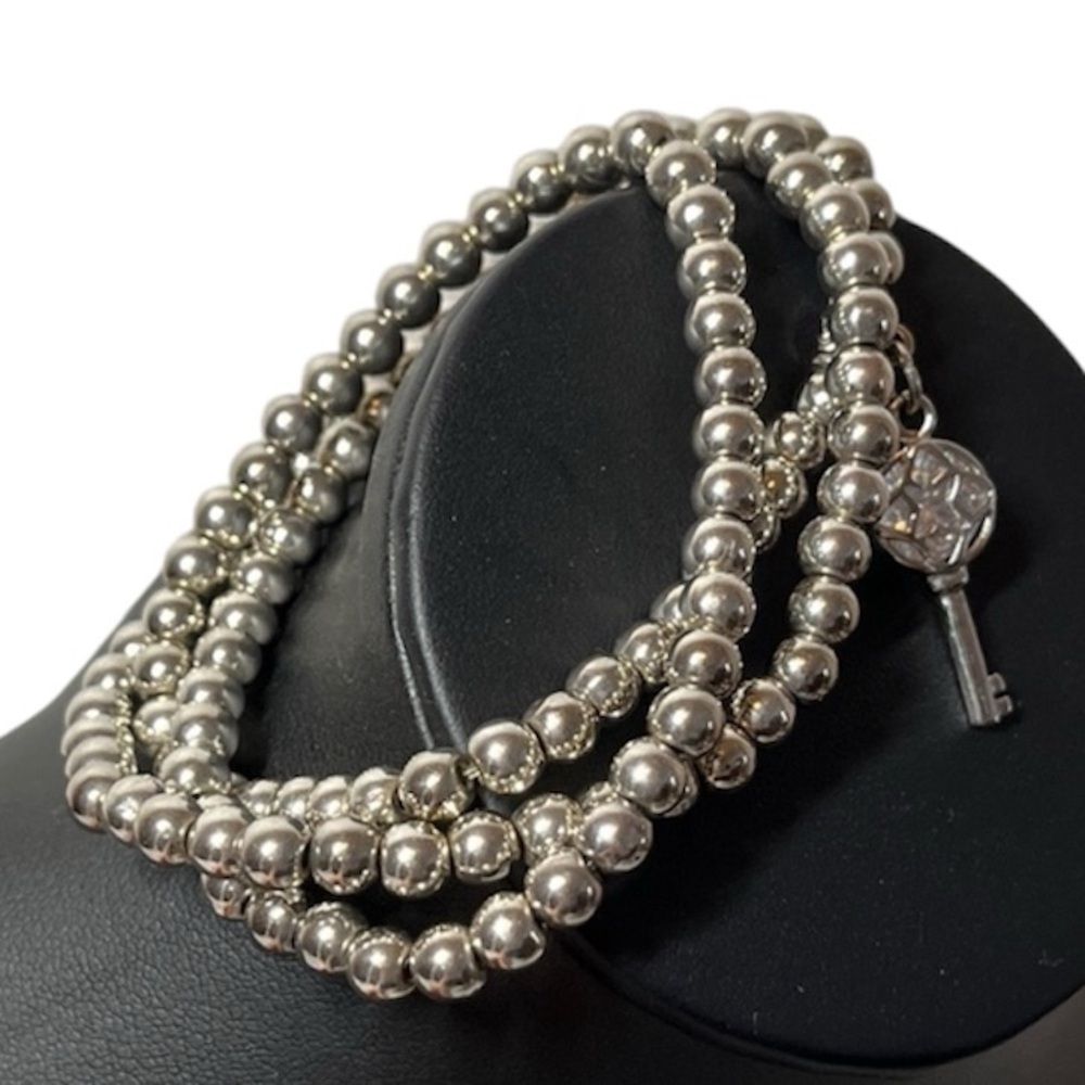 Triple Silver Beaded Wrap Stretch Bracelet w KEY Pendant Cubic Zirconia